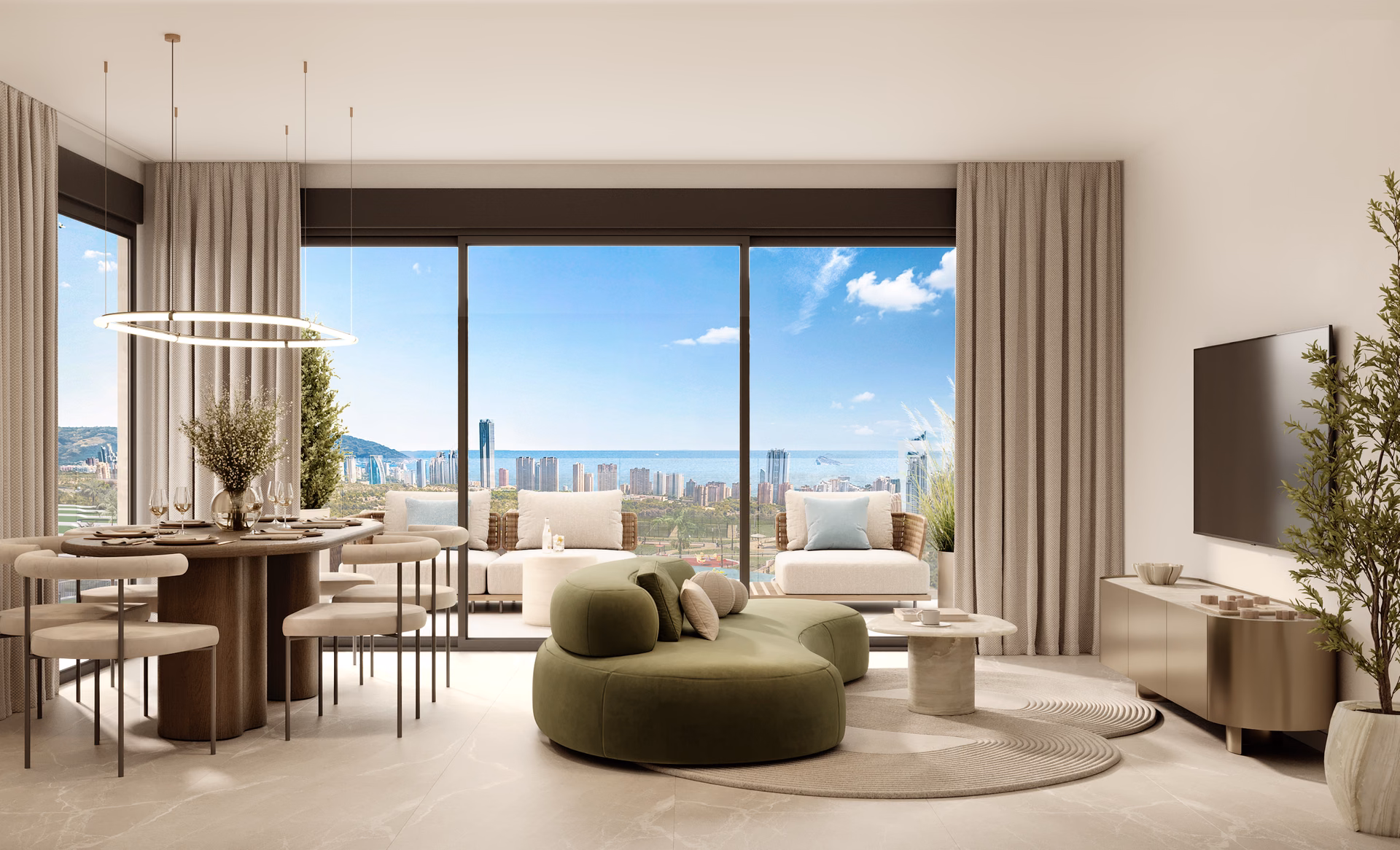 Interior render: open-plan living and dining room with floor-to-ceiling windows