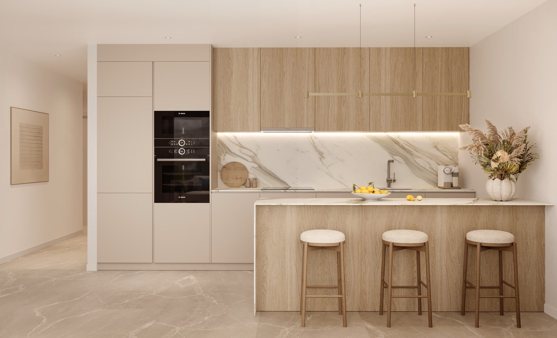 Interior render: kitchen with wood-finish island and bar stools