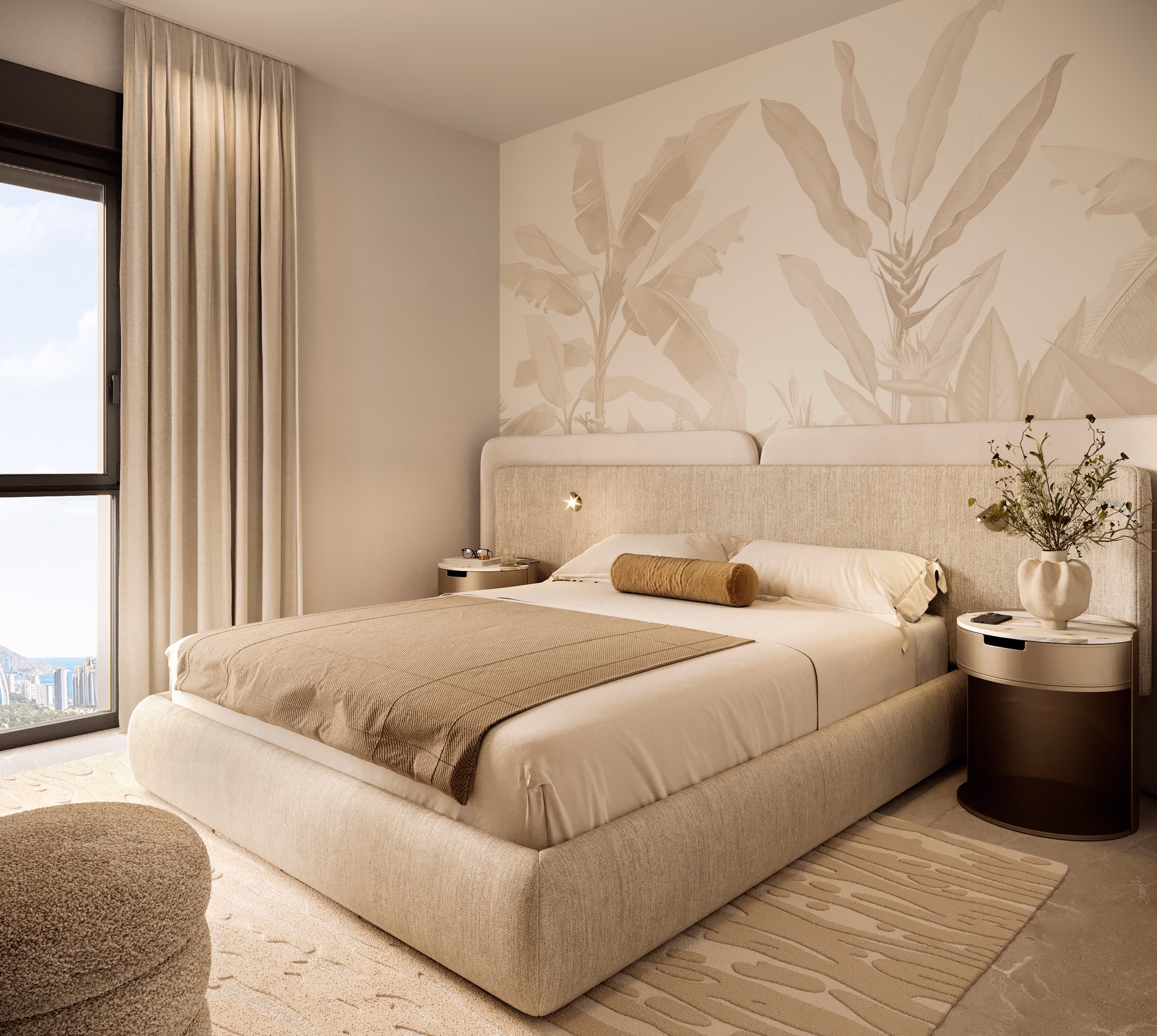 Interior render: main bedroom with a botanical feature wall