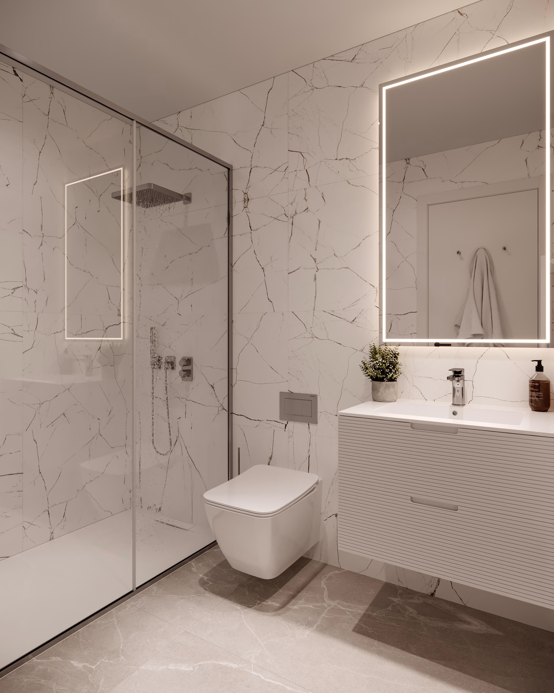 Interior render: bathroom with walk-in shower and wall-hung vanity