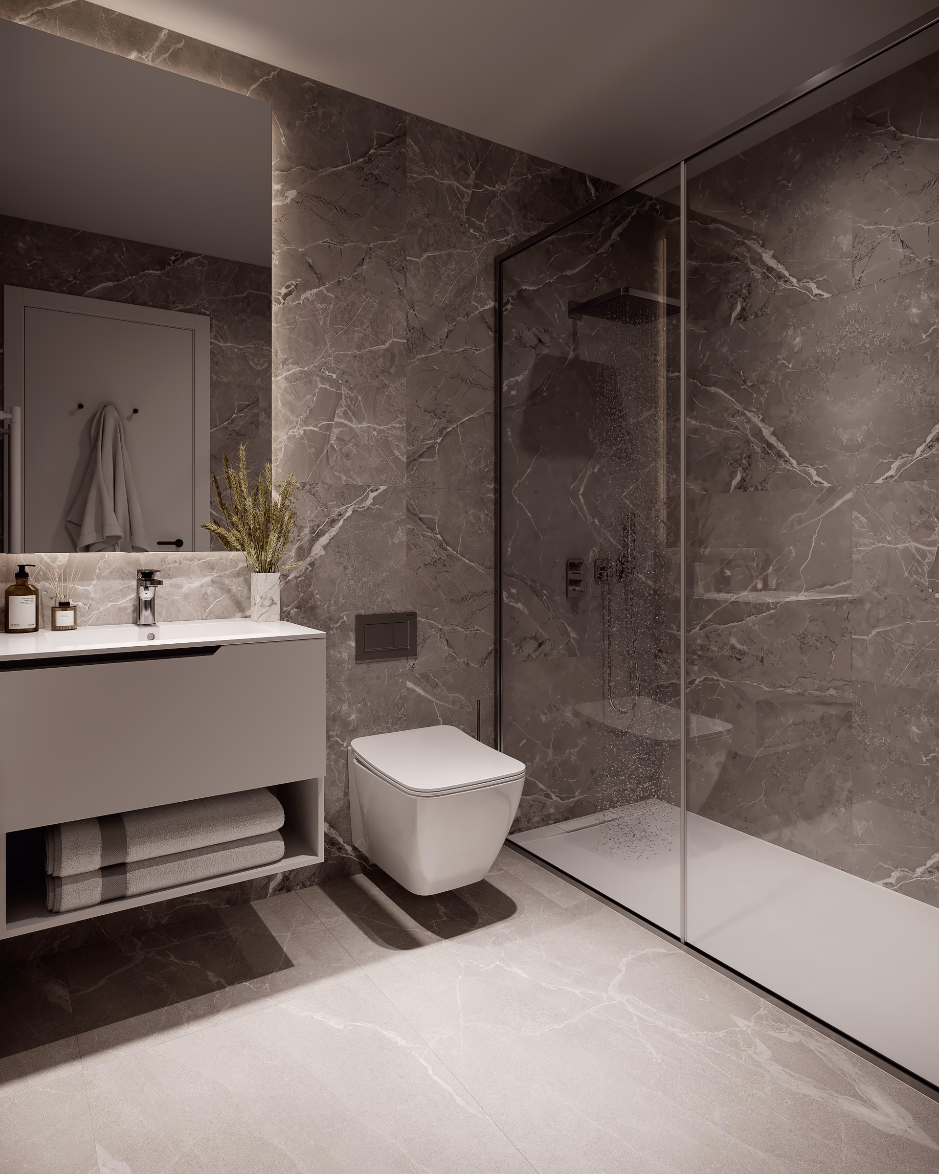 Interior render: bathroom in dark stone-effect tiles with walk-in shower