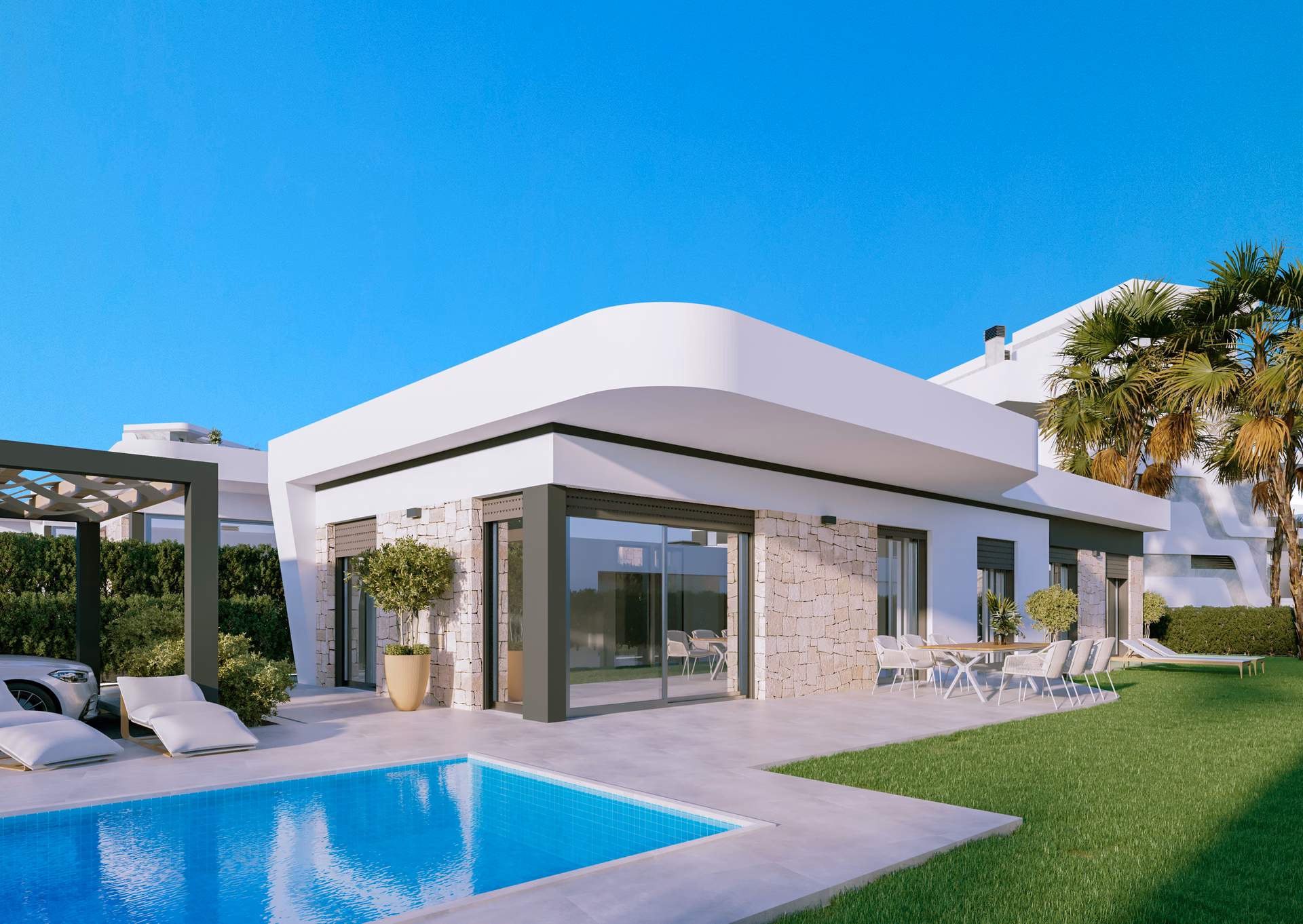 Visualisierung: ebenerdige Villa mit privatem Pool und überdachter Terrasse