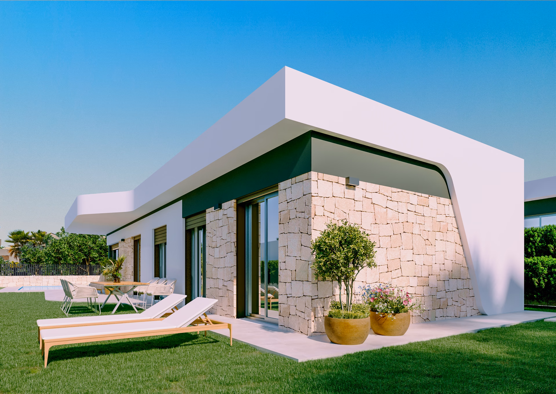 Visualisierung: Villa mit Natursteinmauer, Garten und Sonnenliegen
