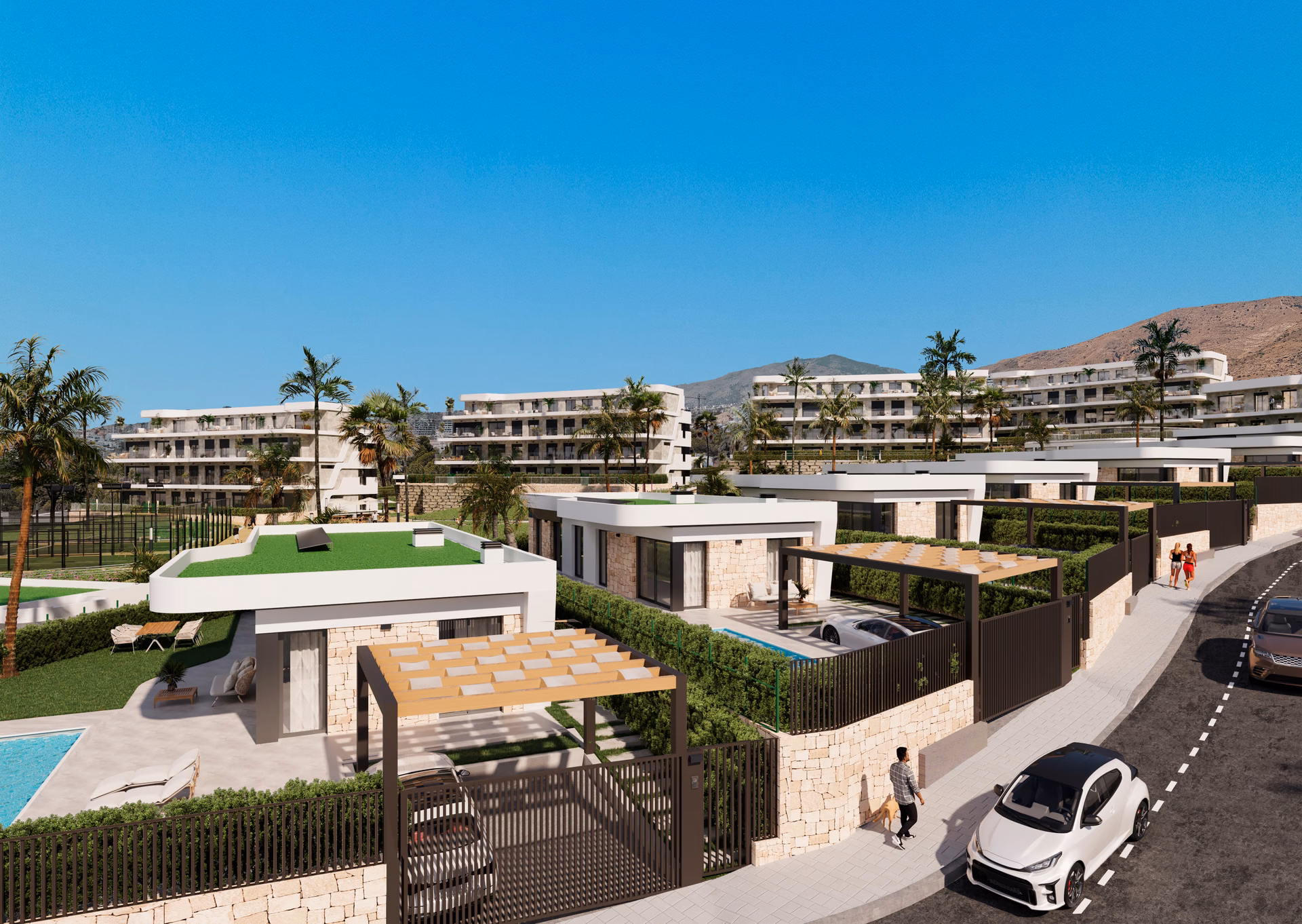 Visualisierung: Villenreihe mit Pergola-Stellplätzen an der Straße, dahinter die Wohnblöcke