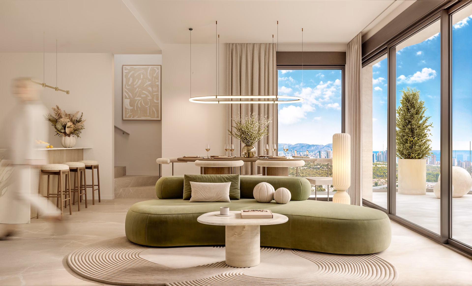 Innenvisualisierung: Wohnzimmer mit geschwungenem Sofa und Glasfront zur Terrasse