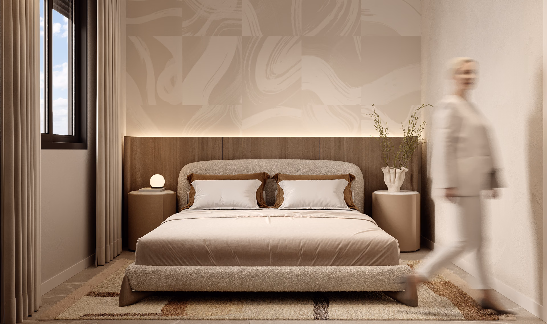 Innenvisualisierung: Schlafzimmer mit Kopfteil aus Holz
