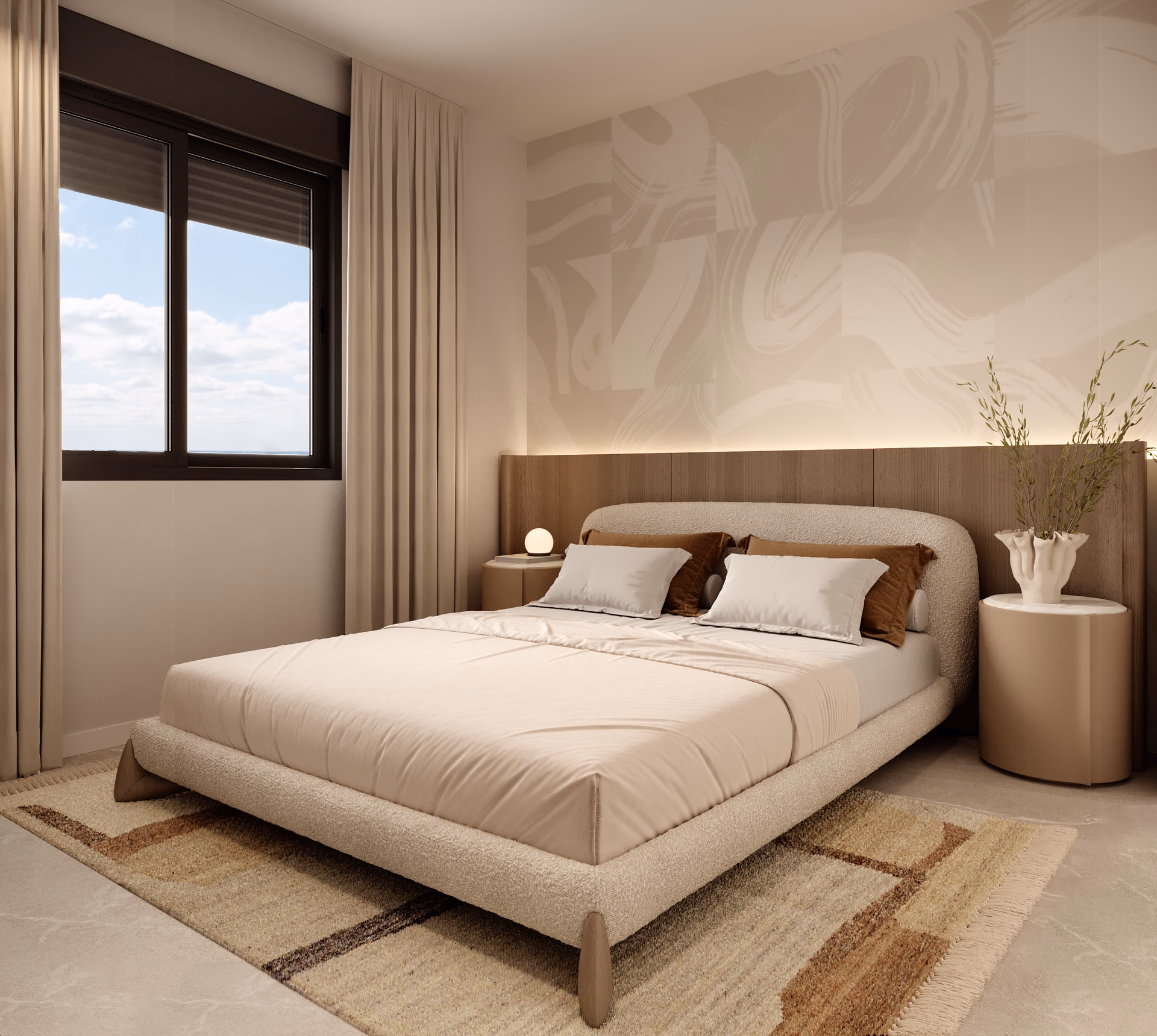 Innenvisualisierung: Schlafzimmer mit großem Fenster
