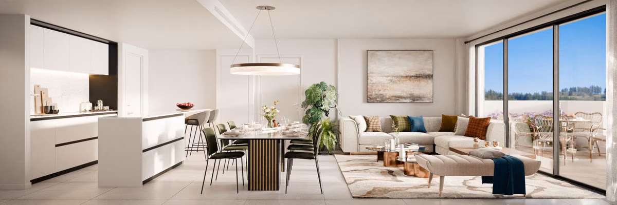 Wohn- und Essbereich mit Küche und Glasfront zur Terrasse, Soleil