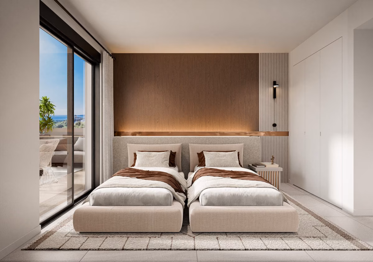 Schlafzimmer mit zwei Betten und Terrassenzugang, Soleil