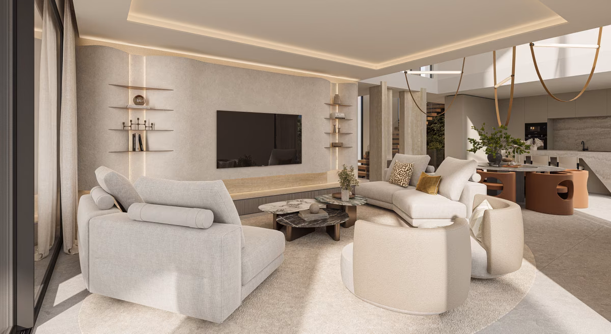 Living and dining area with TV wall in a Sotomar villa