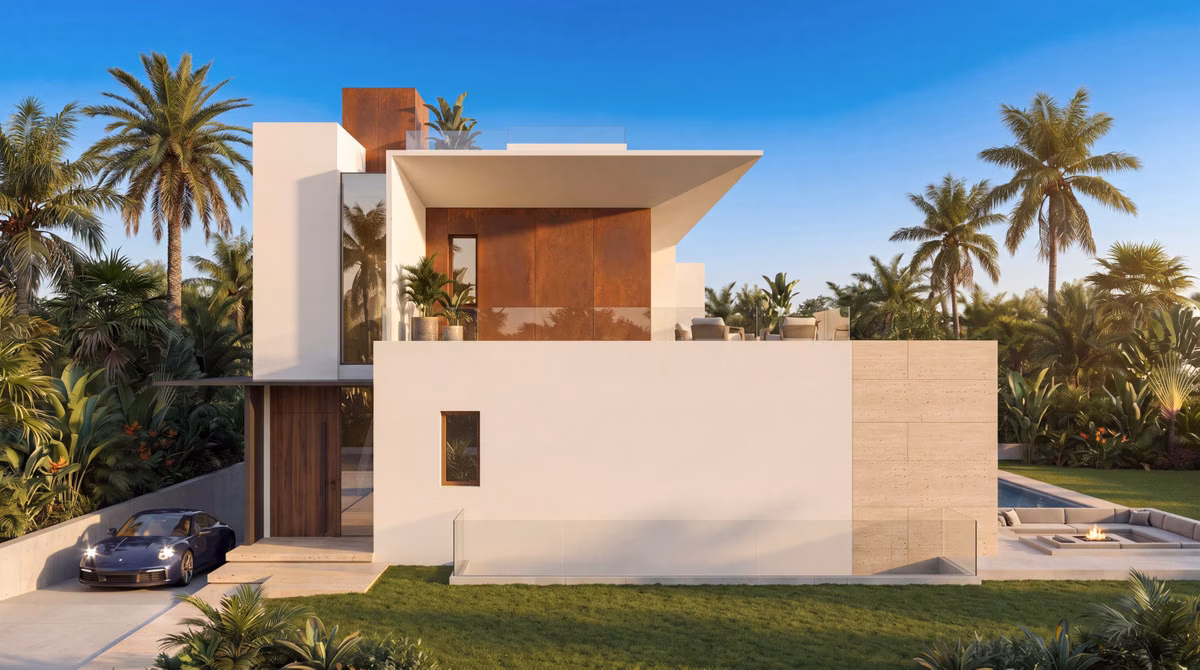 Side view of a Sotomar villa with pool and garden