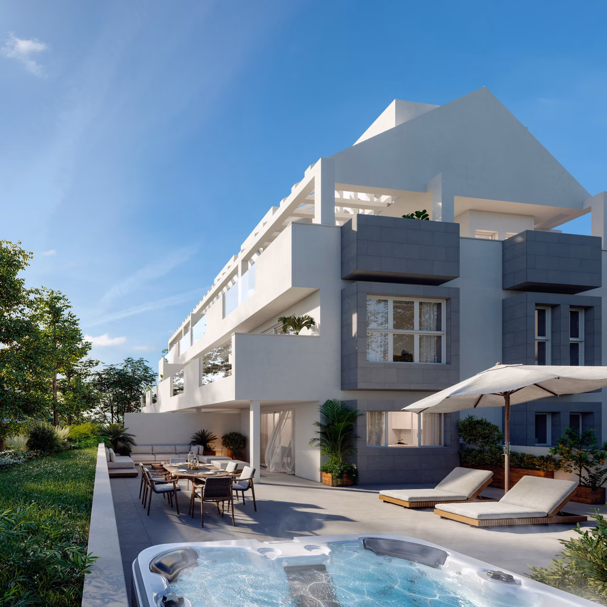 Hausecke mit Gartenterrasse, Whirlpool und Sonnenliegen bei Stella 8