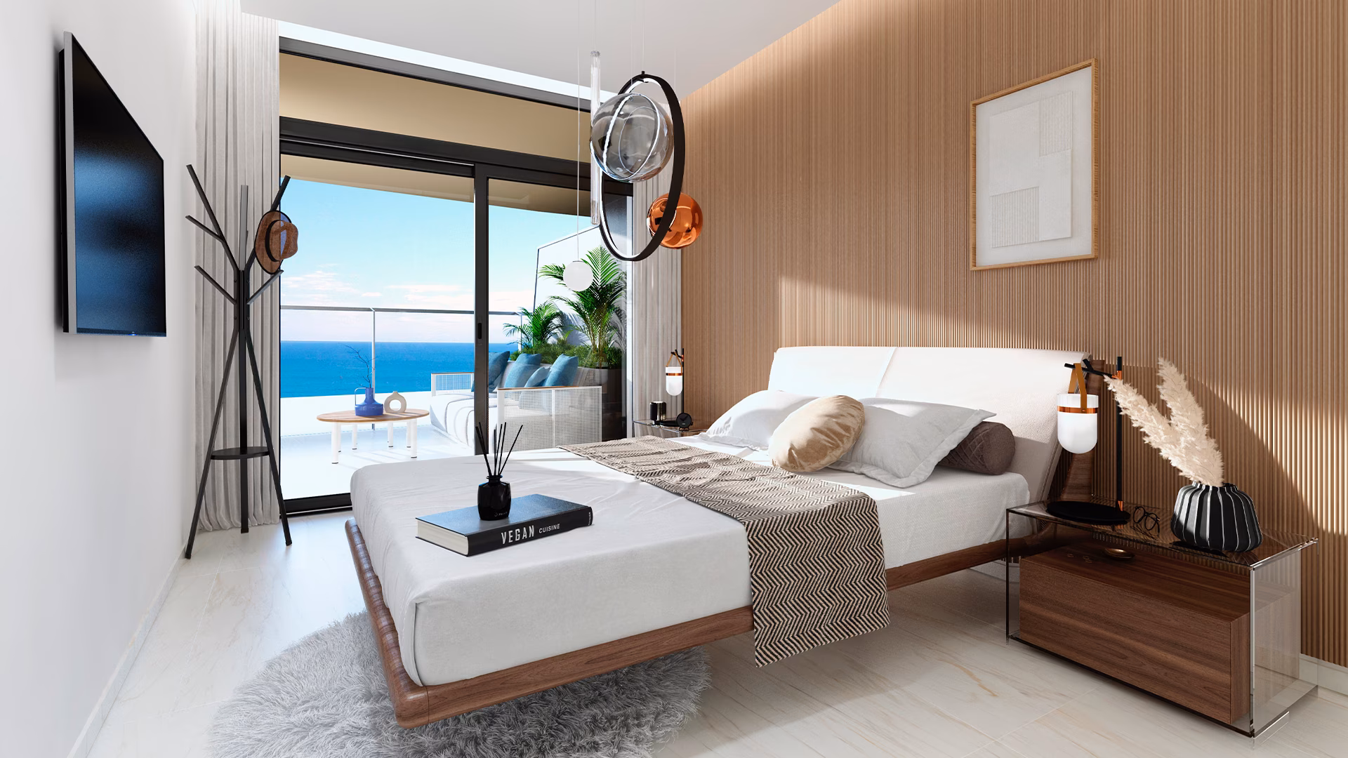 Bedroom with wood-panelled wall and a terrace facing the sea