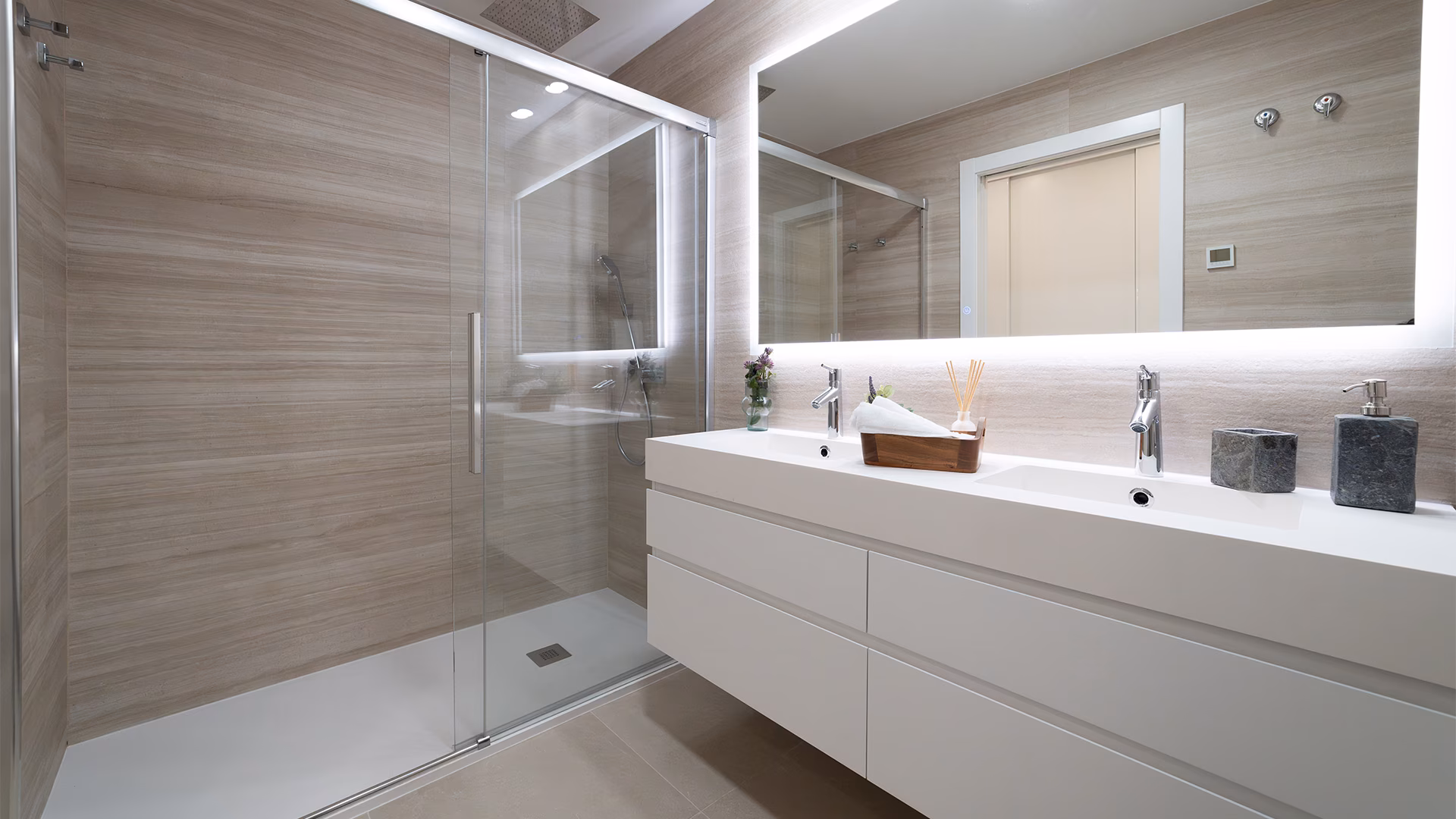 Bathroom with walk-in shower and double-basin vanity