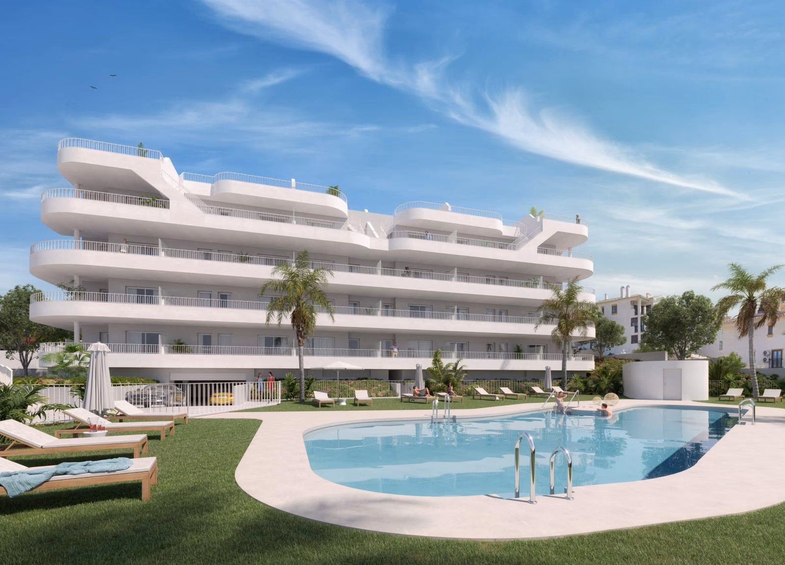 Piscina comunitaria y edificio de apartamentos en Sunset Views II, Fuengirola