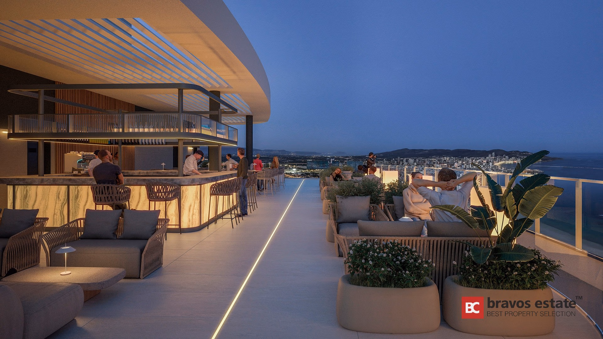 CGI render of TM Tower rooftop bar at dusk with backlit onyx counter and panoramic Benidorm coastline views