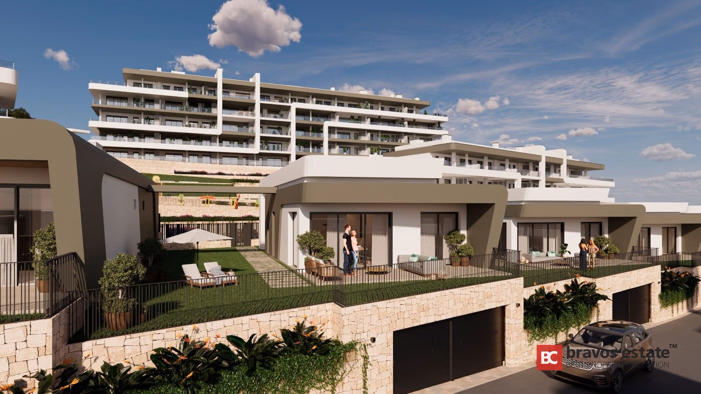 Render CGI de Bonalba Green con viviendas de estilo adosado de baja altura con terrazas privadas y jardines en primer plano, y un bloque de apartamentos de varias plantas al fondo.