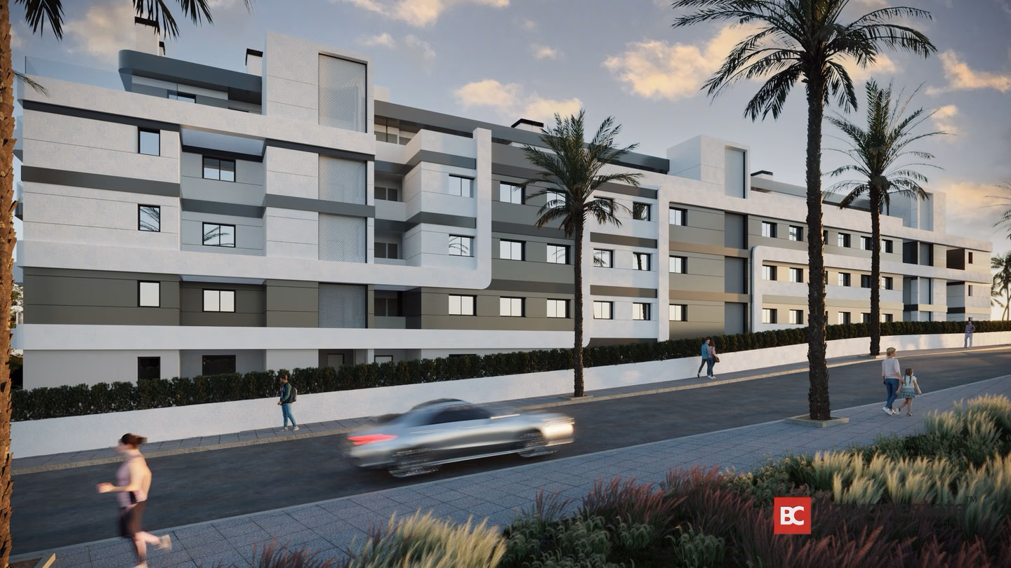 Render CGI de la fachada moderna de varios pisos de Bonalba Green en Bonalba Golf Resort, flanqueada por palmeras a lo largo de una calle tranquila al atardecer.