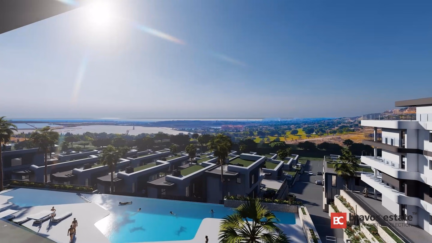 CGI render of Bonalba Green Villas showing community pool, flat-roof detached villas, golf course fairways, and a wide coastal lagoon panorama under bright sunshine.