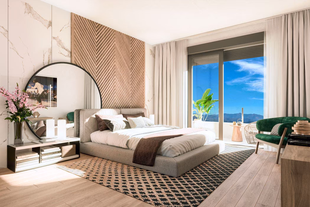 Bedroom with herringbone headboard wall and terrace door