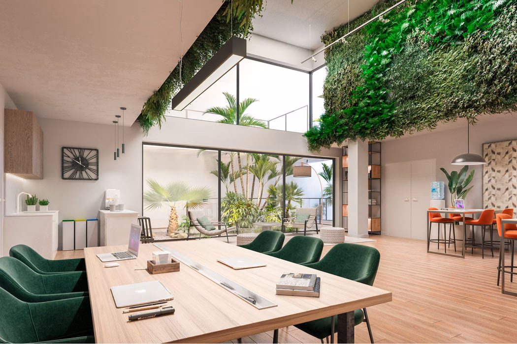 Co-working room with green wall and palm patio
