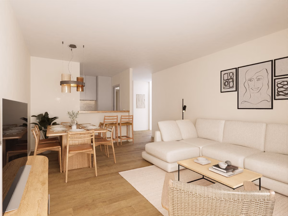 Otwarty salon z jadalnią i sofą narożną