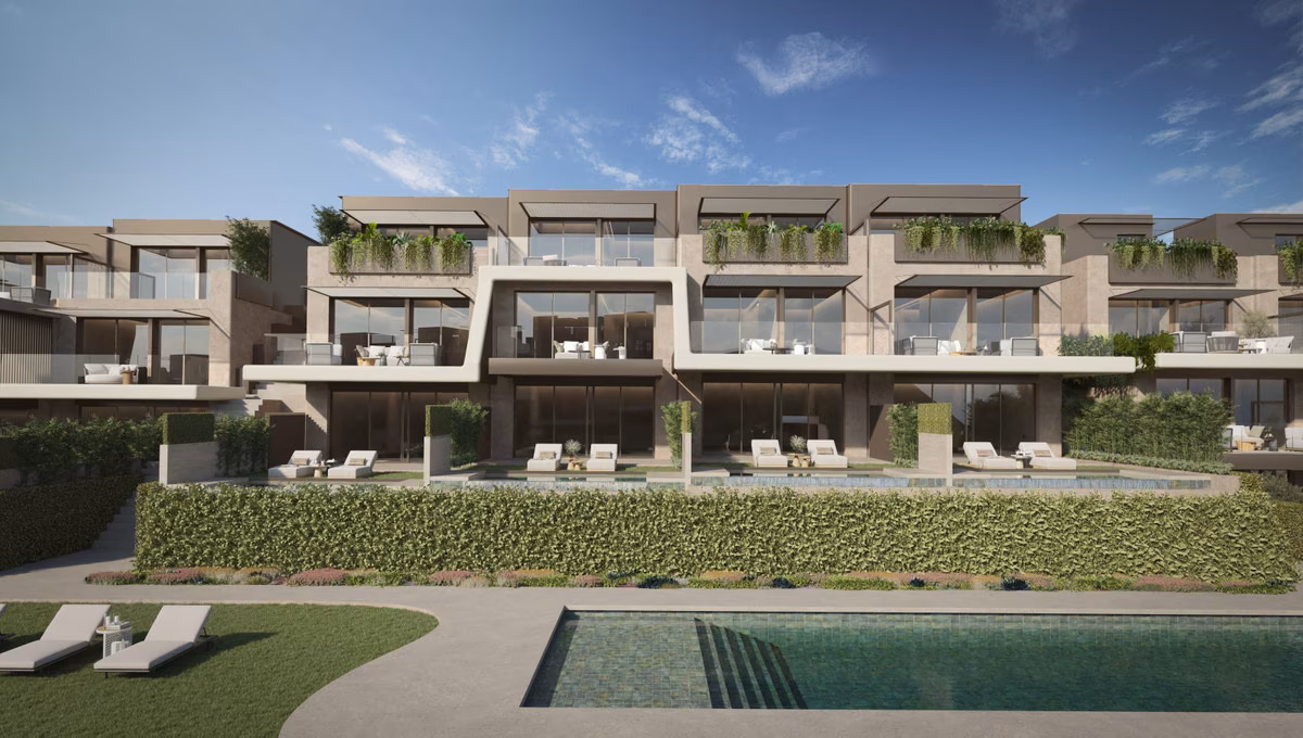 Communal pool and lawn in front of the townhouses at The Valley