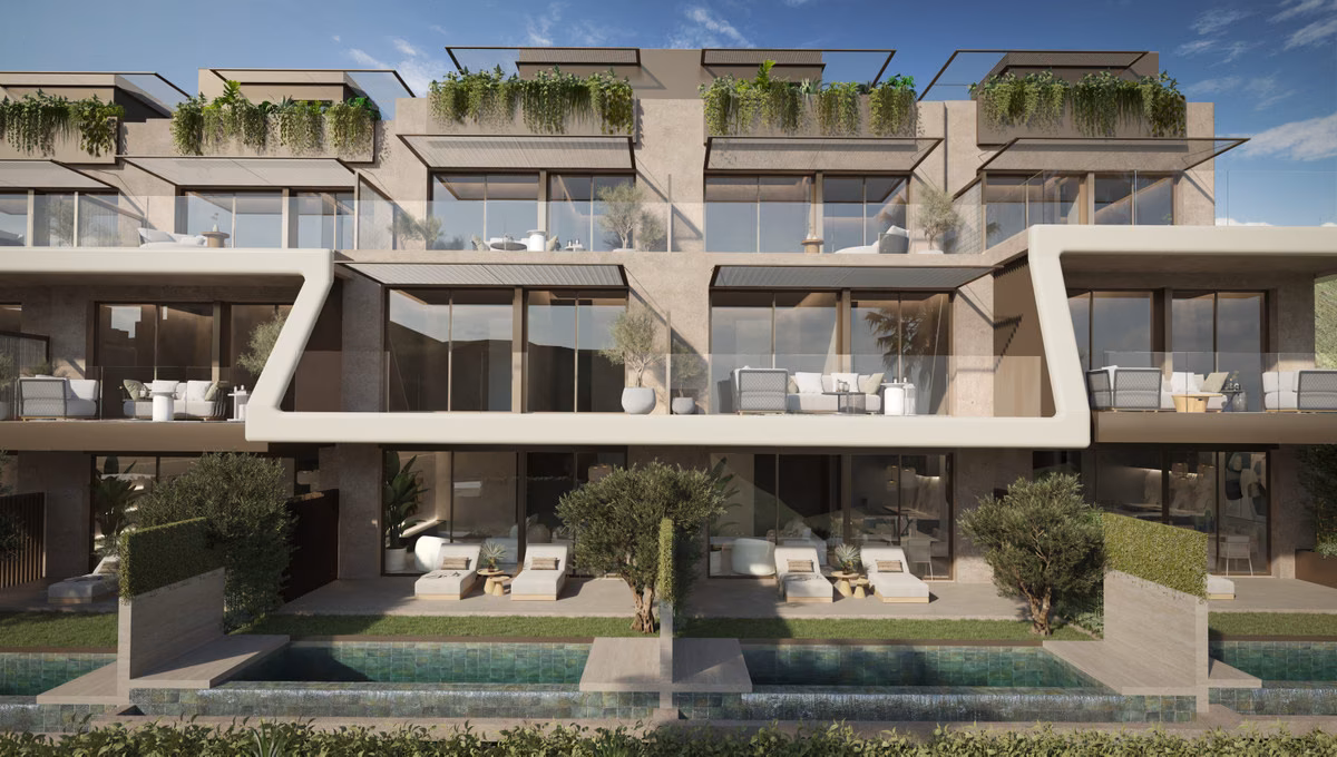 Townhouse façades with private pools and garden terraces at The Valley