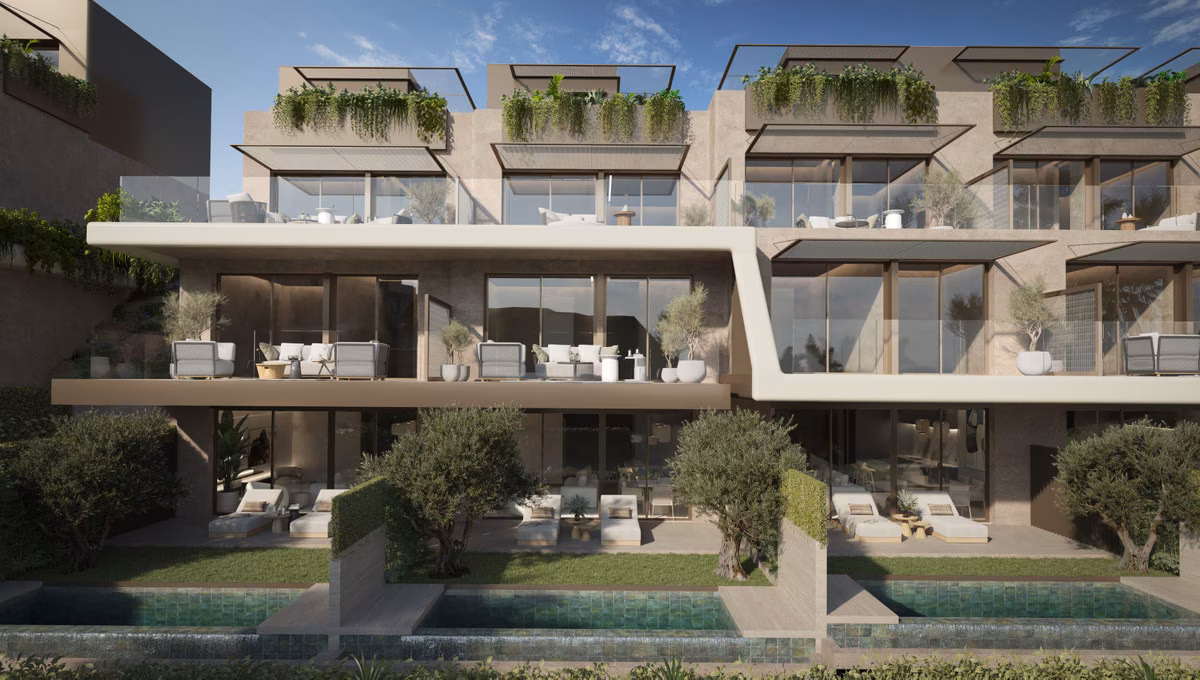 Private pools and ground-floor terraces of The Valley townhouses