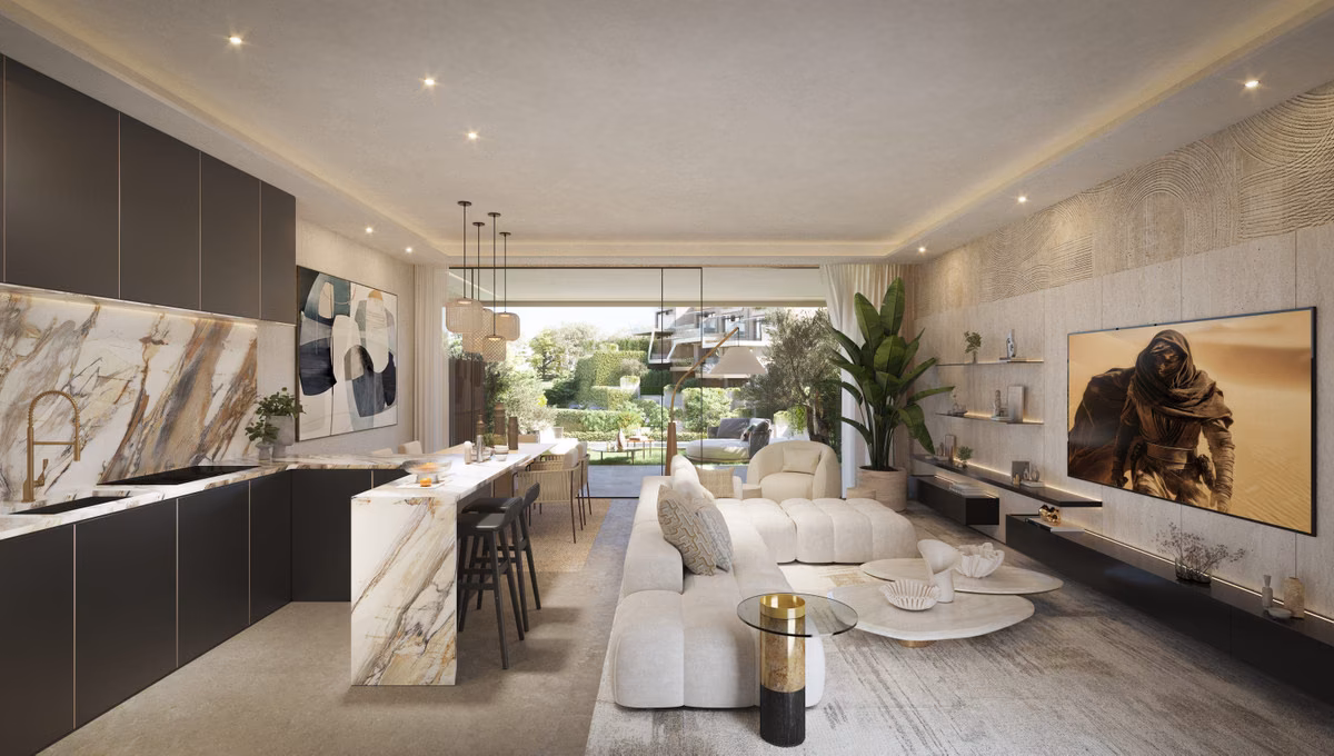 Kitchen and living area with garden view in a The Valley townhouse