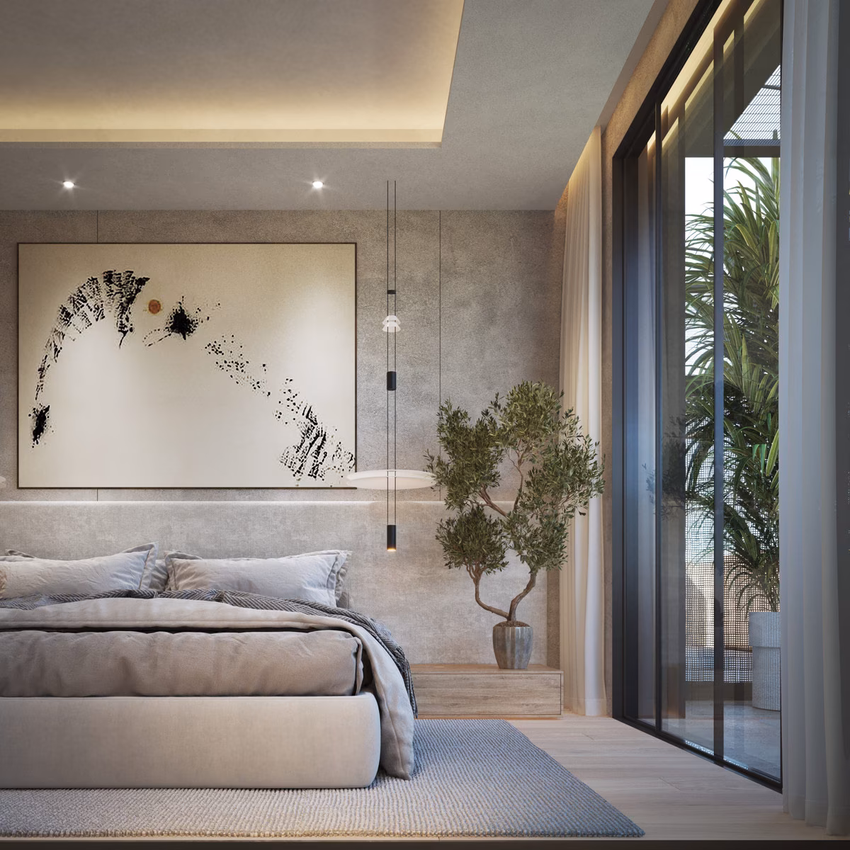 Bedroom with large window and potted tree in a The Valley townhouse