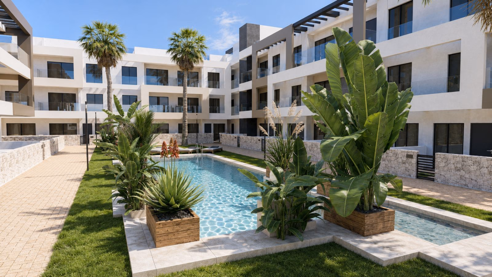 Landscaped courtyard with the communal and children's pools