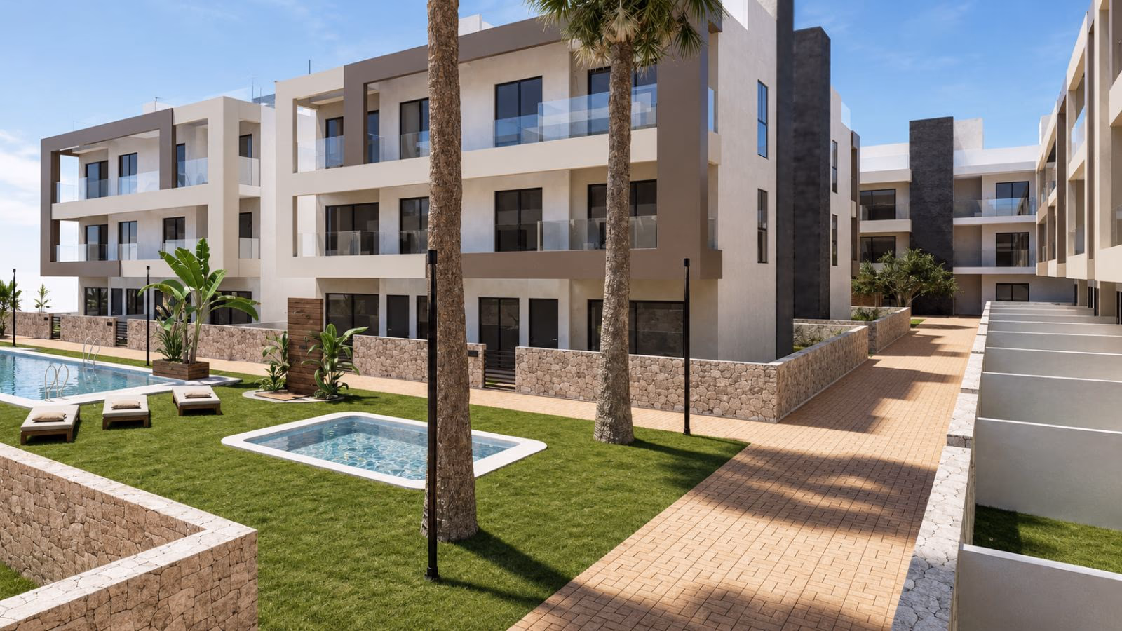 Garden walkways and children's pool between the blocks