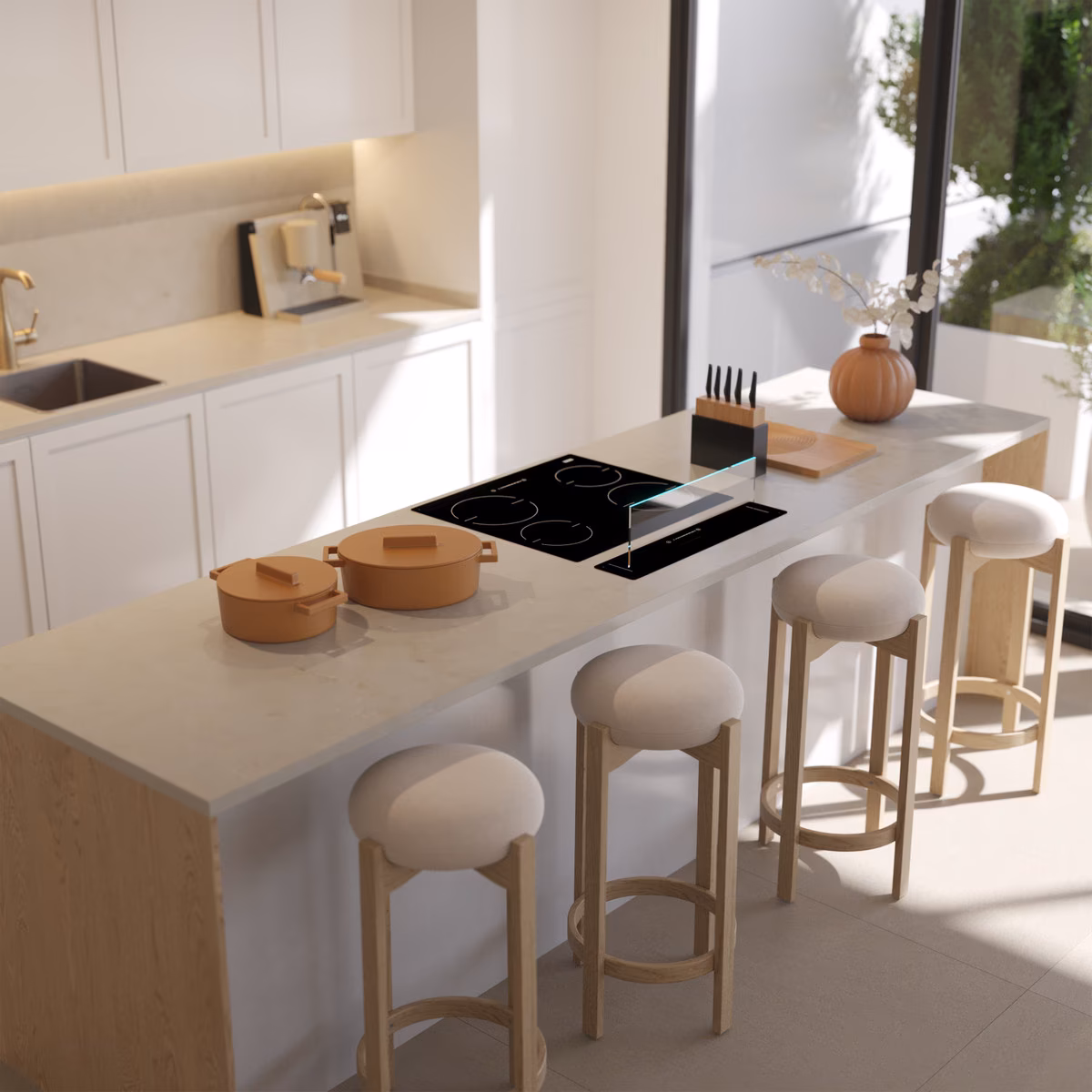 Kitchen island with induction hob and stools at Torre Biznaga