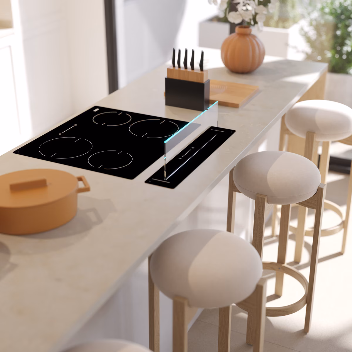 Close-up of the induction hob and breakfast bar at Torre Biznaga