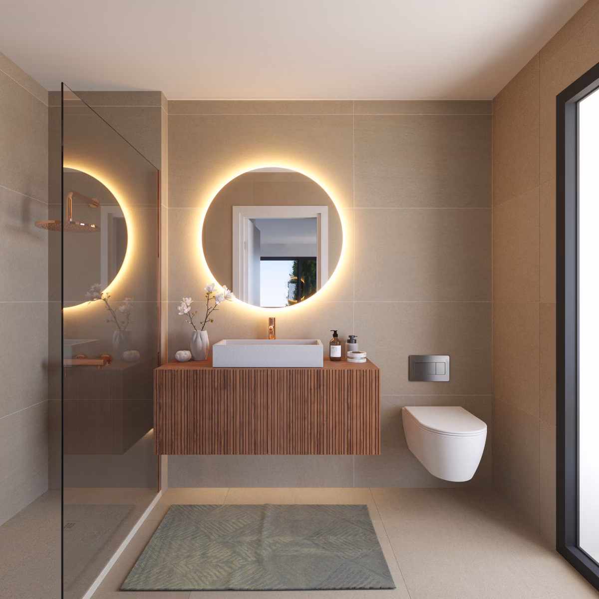 Bathroom with round backlit mirror and walk-in shower at Torre Biznaga