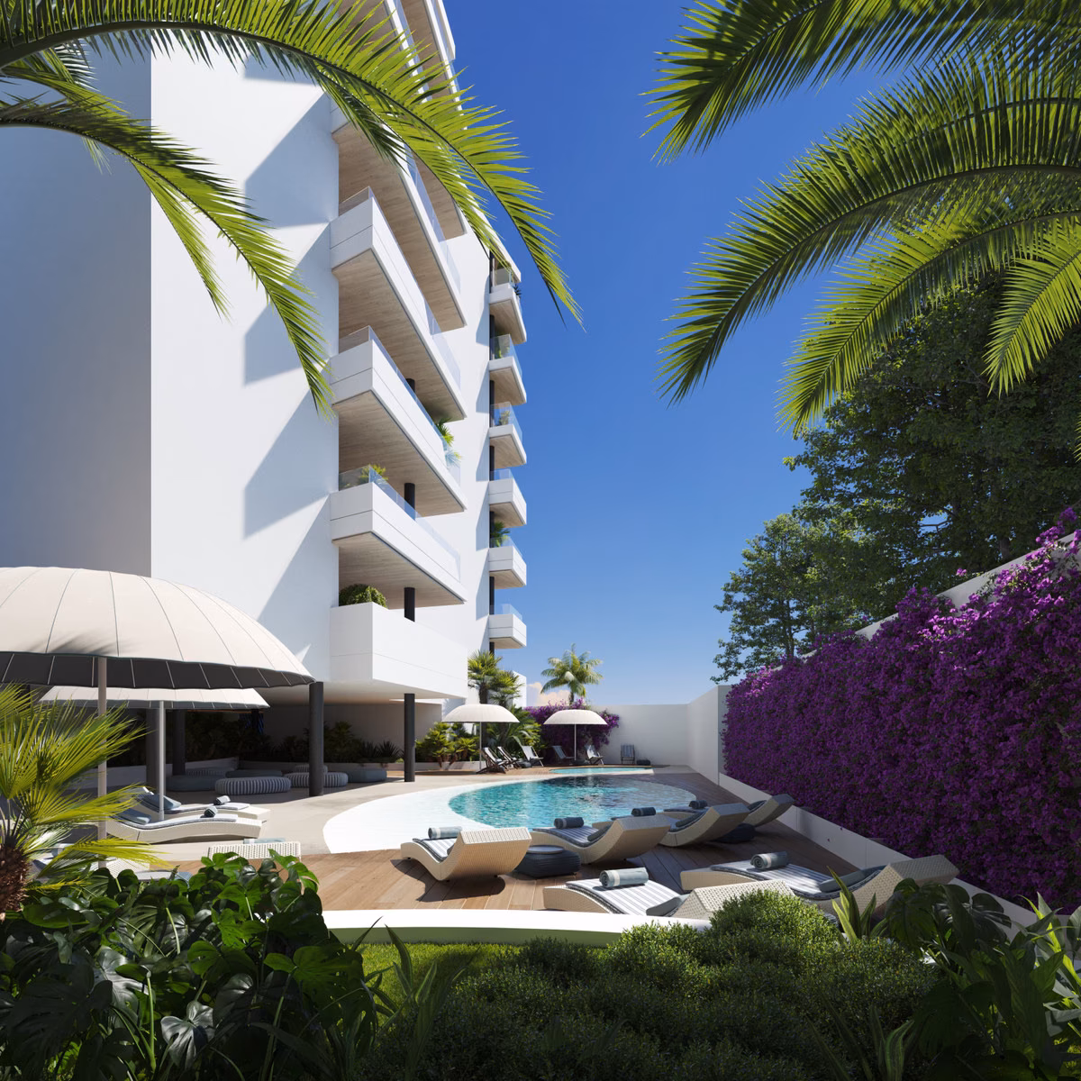 Garden pool framed by bougainvillea at Torre Biznaga