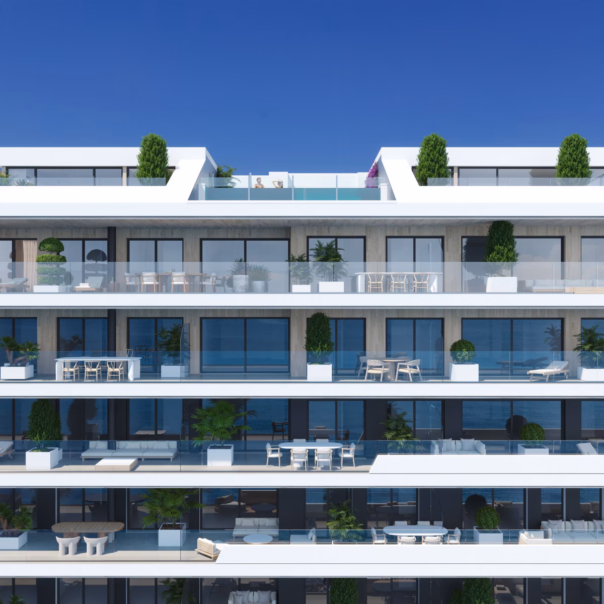 Stacked terraces on the façade of Torre Biznaga