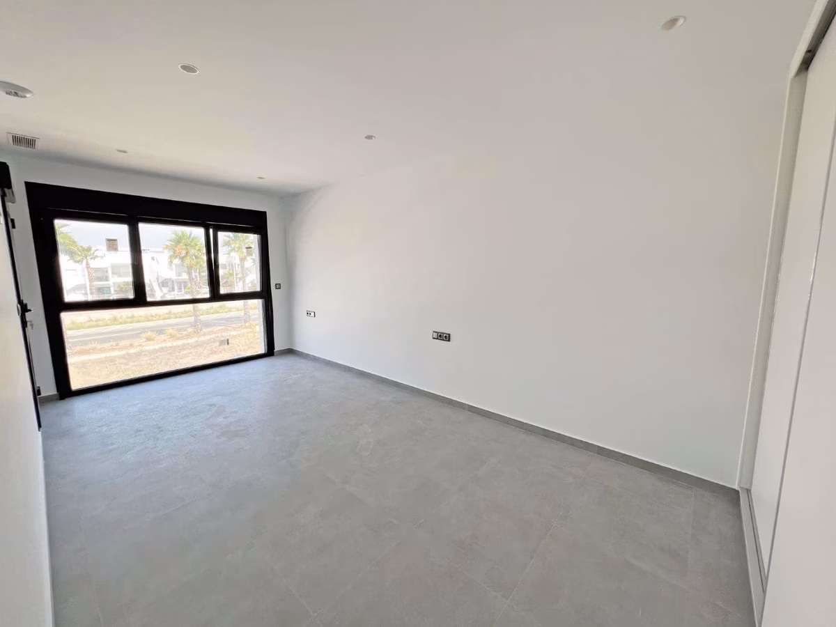 Living room with large black-framed window onto the palm-lined avenue