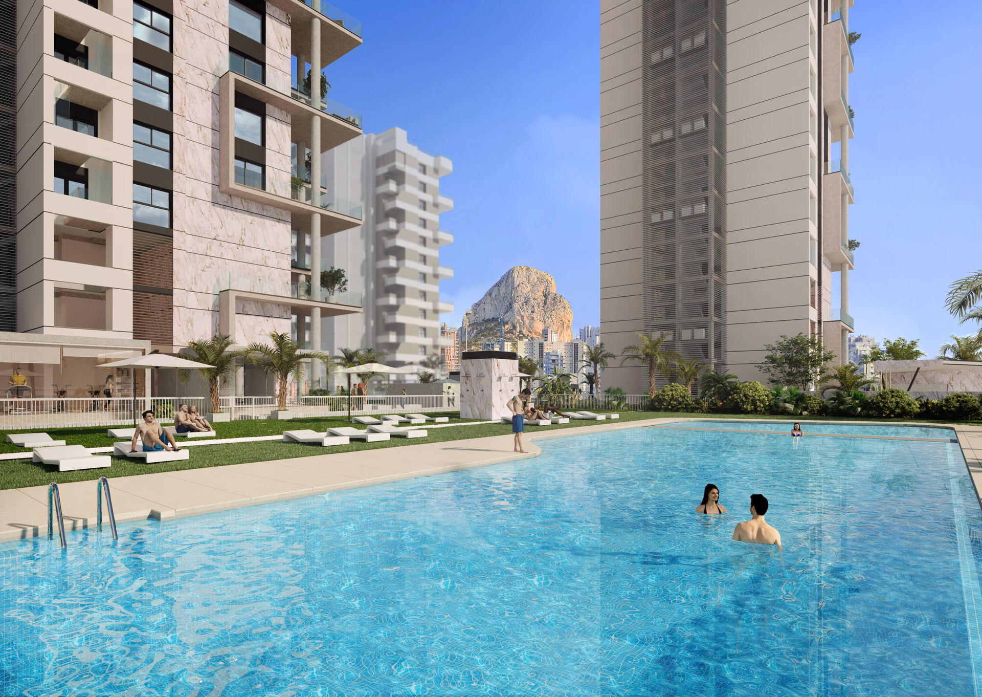 Piscine commune avec le Peñón de Ifach au loin