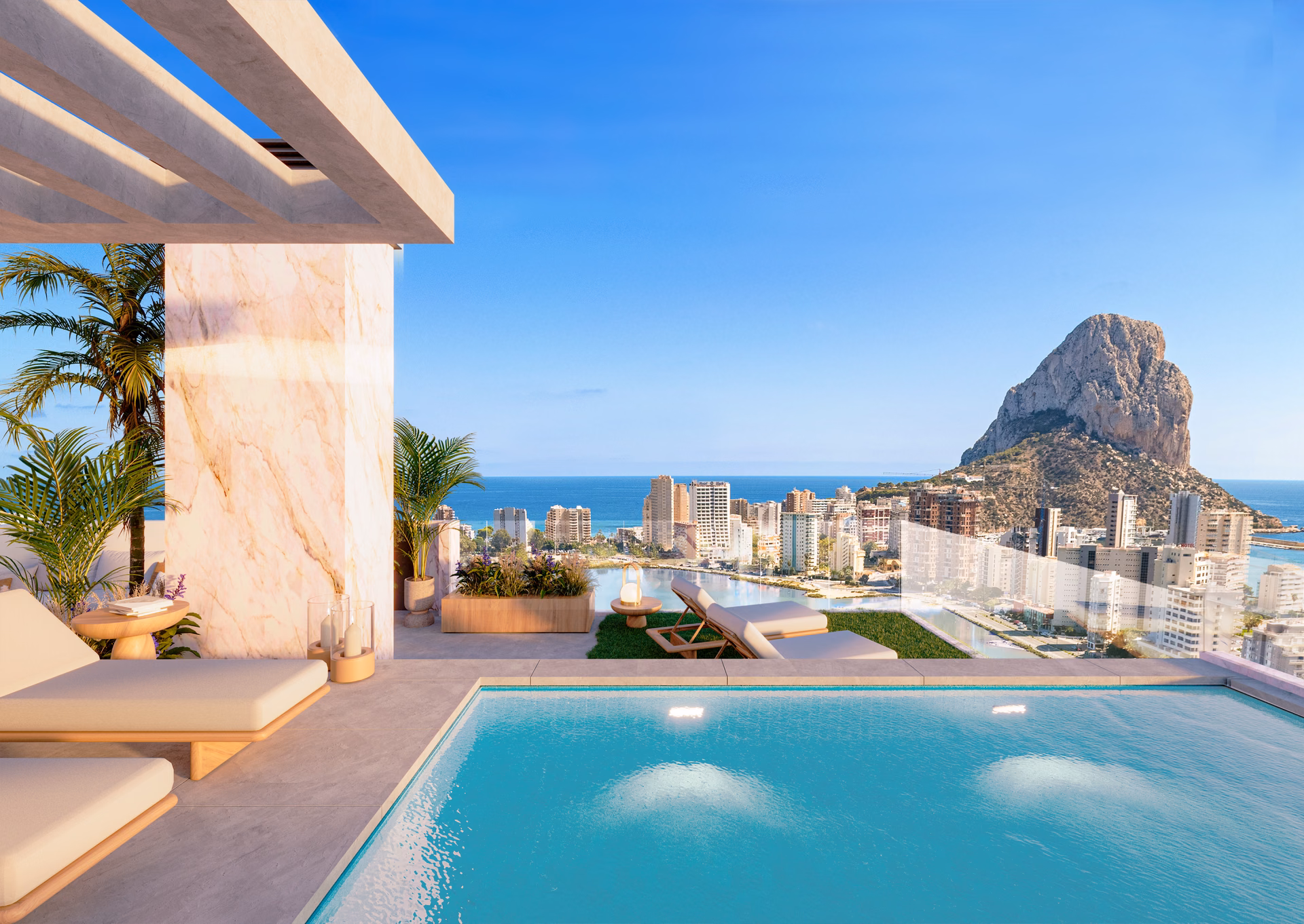 Solarium d’un penthouse sur le toit avec piscine privée face au Peñón de Ifach