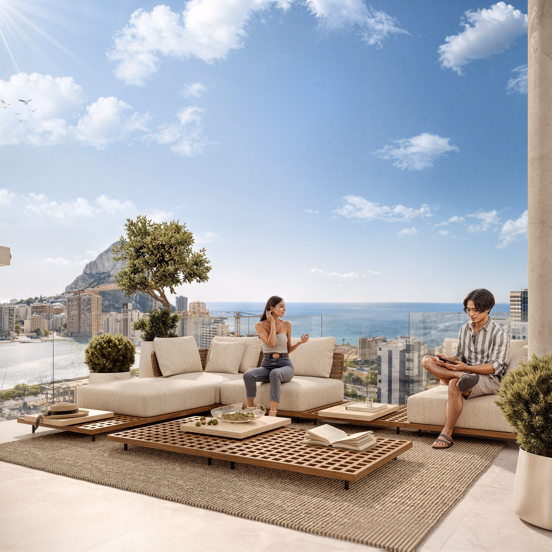 Salon de terrasse avec canapés donnant sur Calpe et la mer