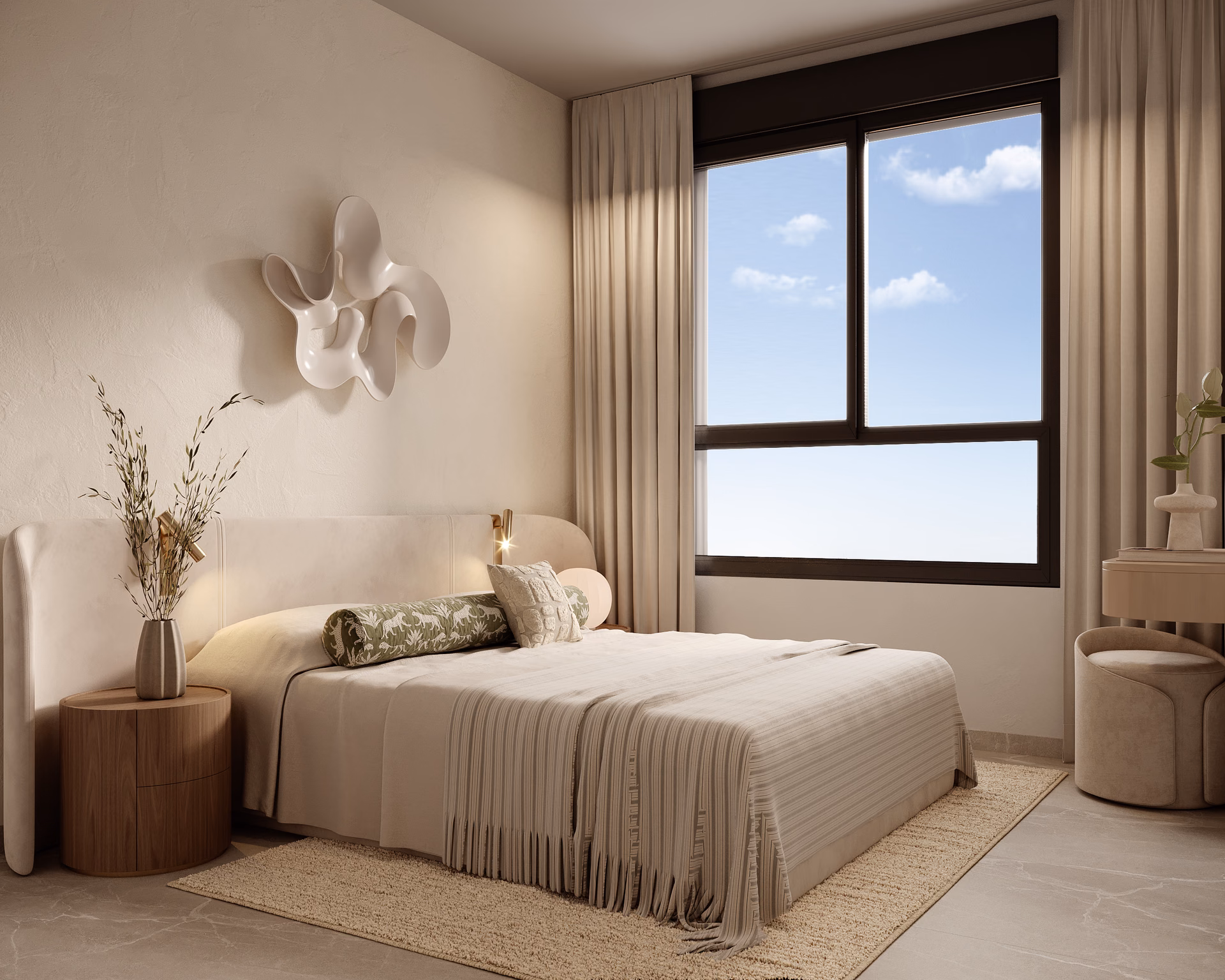 Chambre avec coiffeuse et tableaux au mur