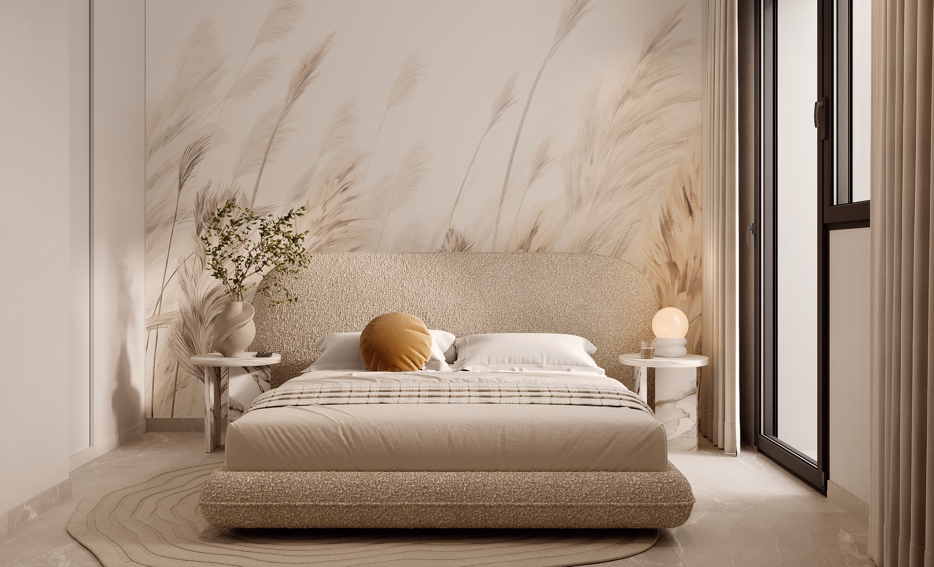 Chambre avec décoration murale en herbe de la pampa