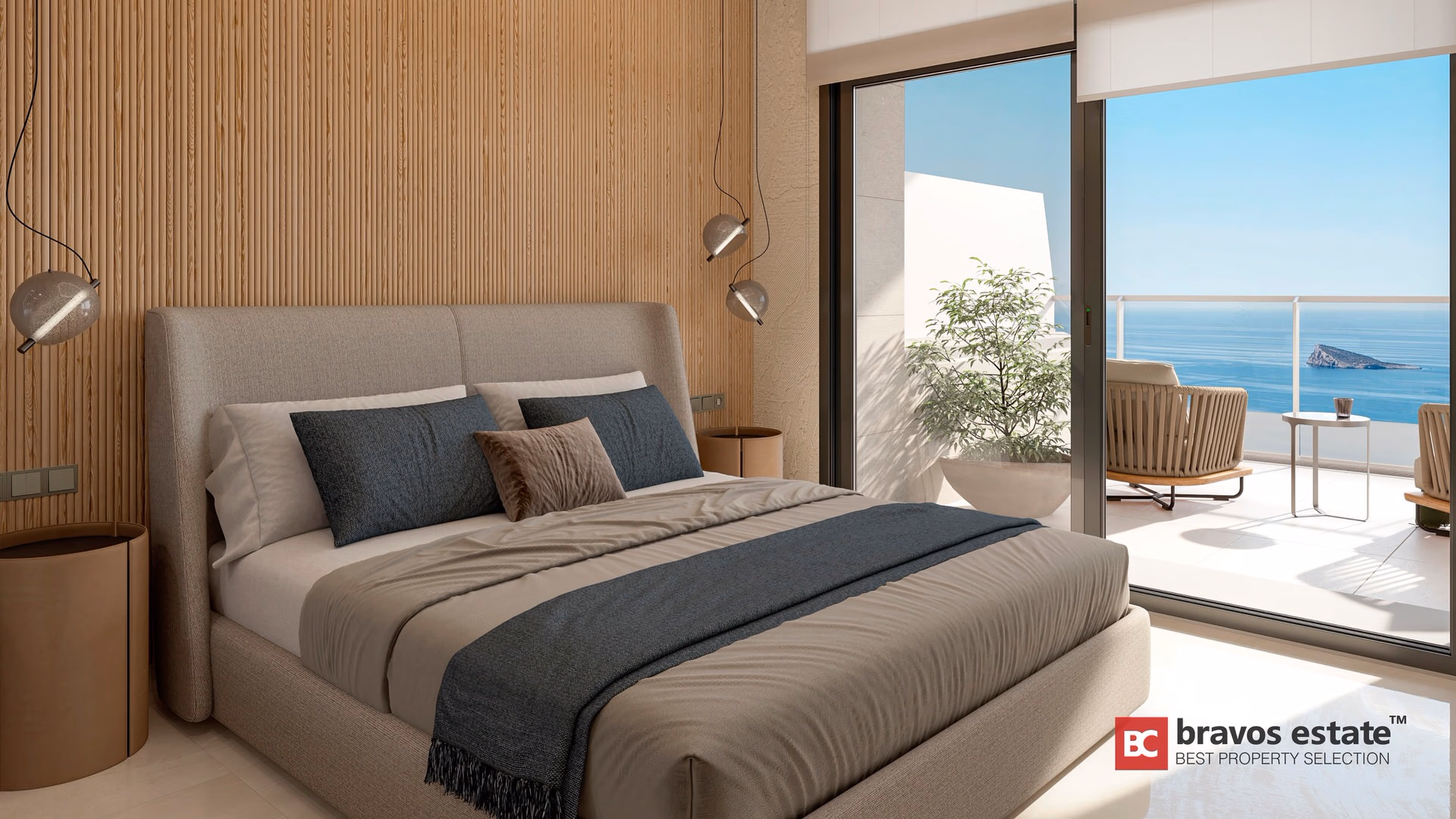 CGI render of TM Tower bedroom with slatted wood accent wall, pendant globe lights, and direct terrace access overlooking the Mediterranean Sea and Benidorm island