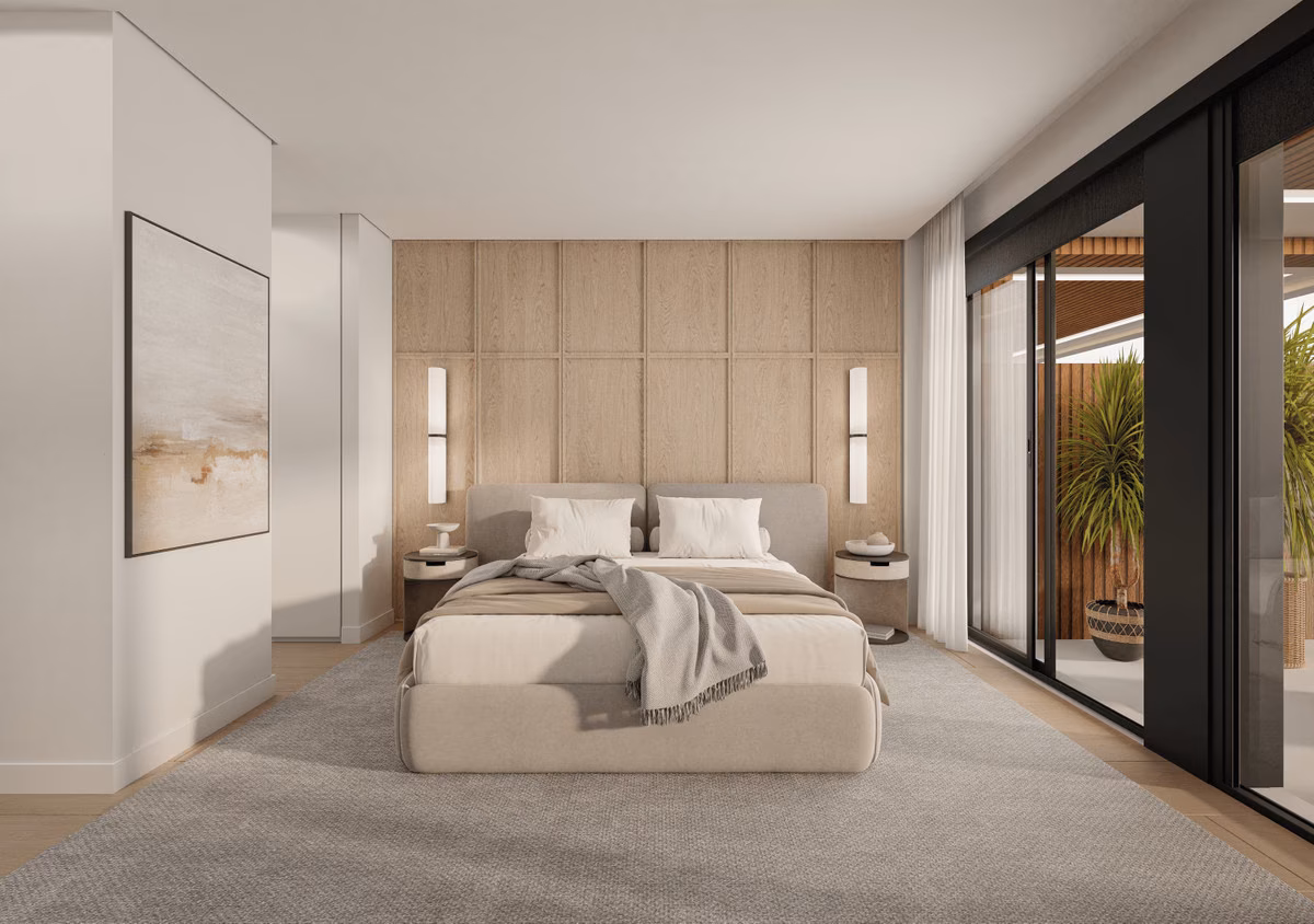 Bright bedroom with sea light