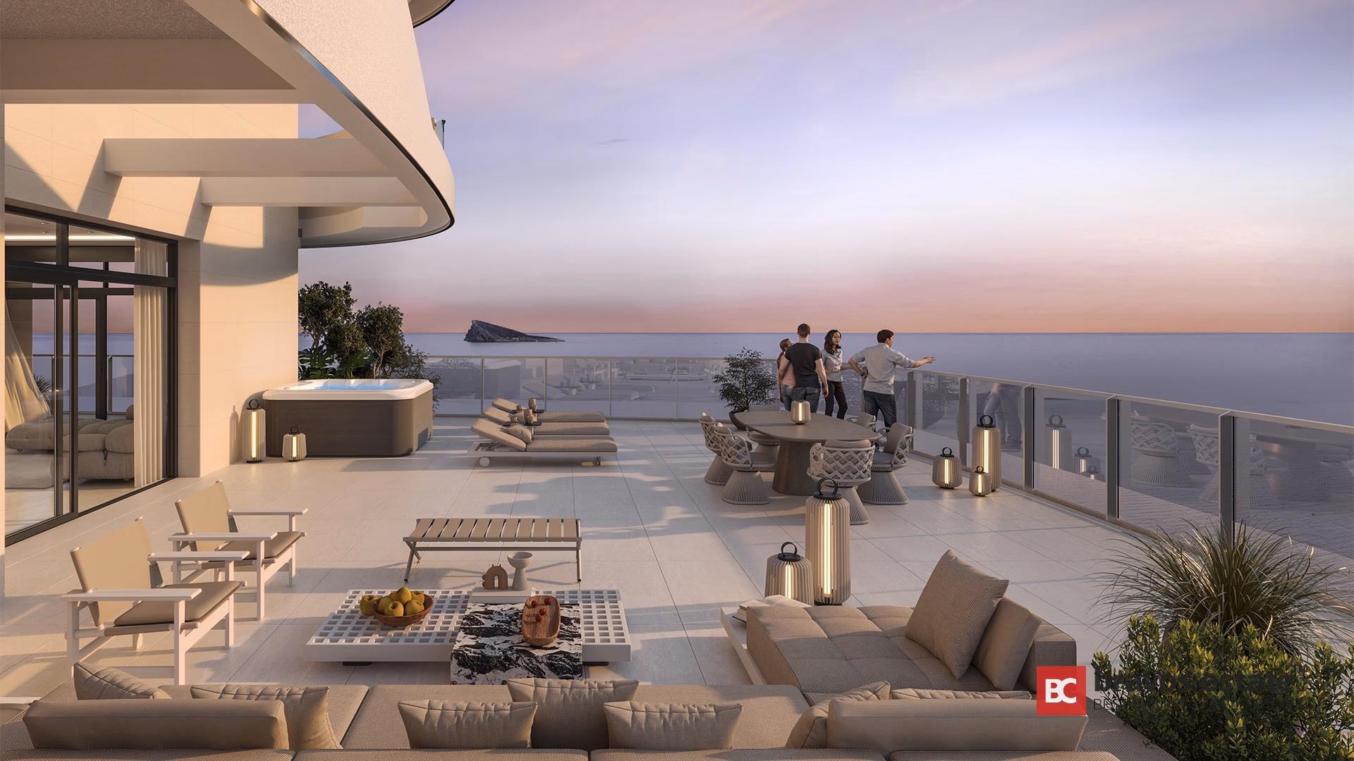 CGI render of TM Tower penthouse terrace in Benidorm with jacuzzi, sun loungers, glass balustrade and panoramic sea views at dusk