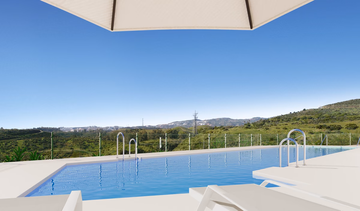 Gemeinschaftspool und Gärten mit Blick aufs Meer
