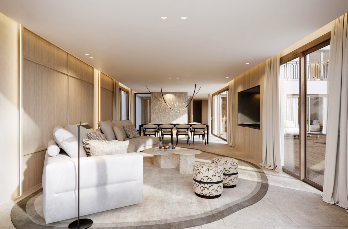 Open-plan living and dining room with garden doors in a Verdana villa