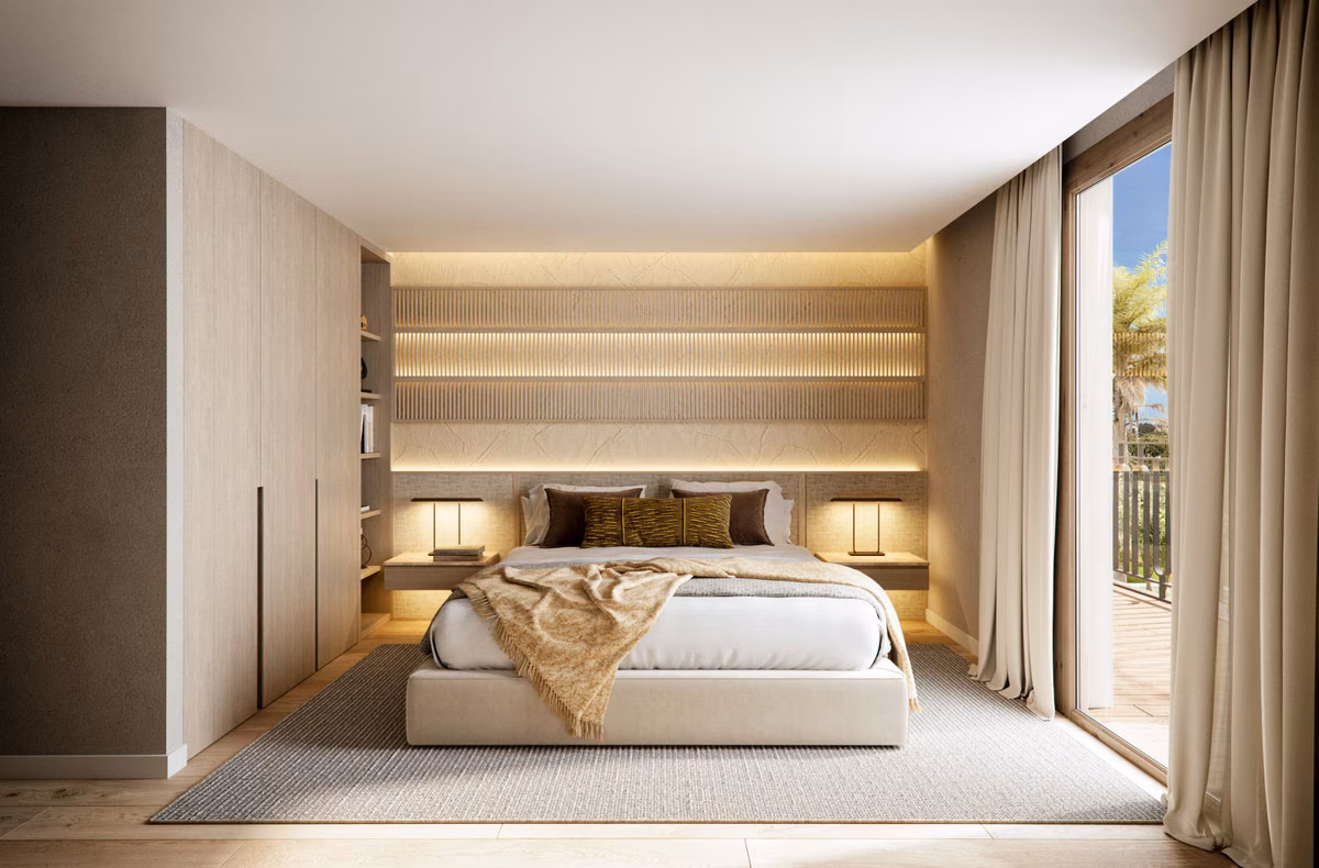 Bedroom with backlit shelving and terrace doors in a Verdana villa